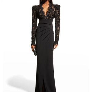 Tadashi Shoji Scalloped Lace V-neck Long-Sleeve Crepe Womens Gown New with Tags